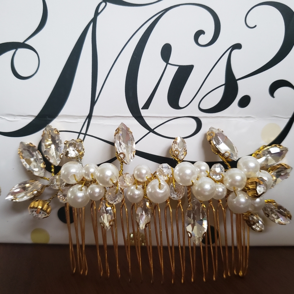 Gold, pearl, and rhinestone bridal hair comb